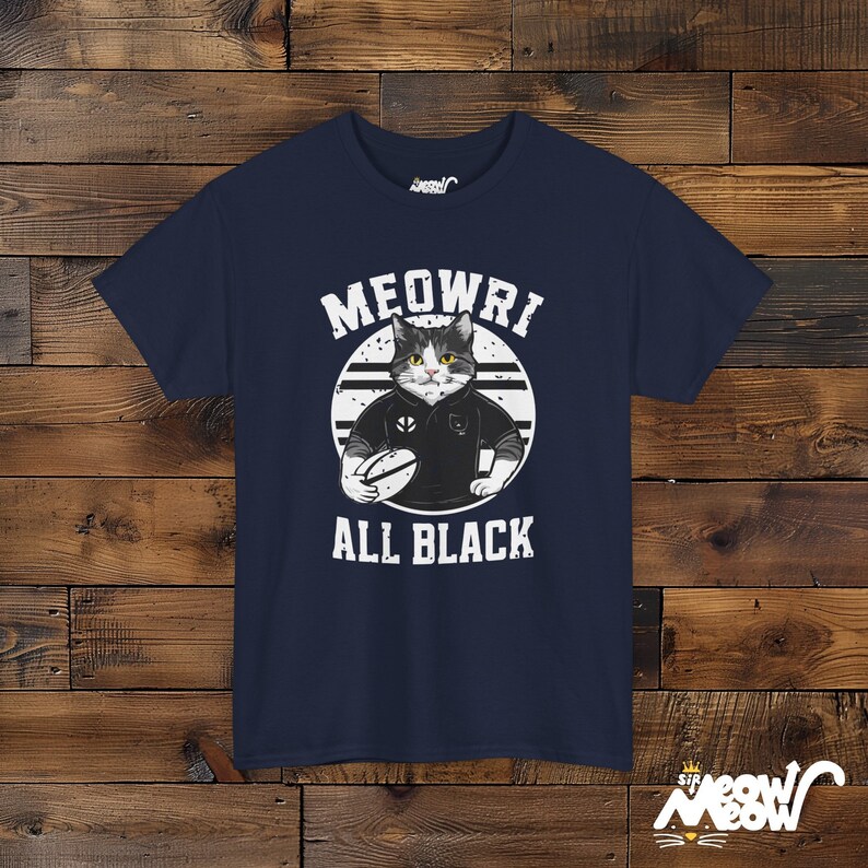 Funny Rugby Cat Graphic T-Shirt - Meowri All Black Unisex Tee Navy