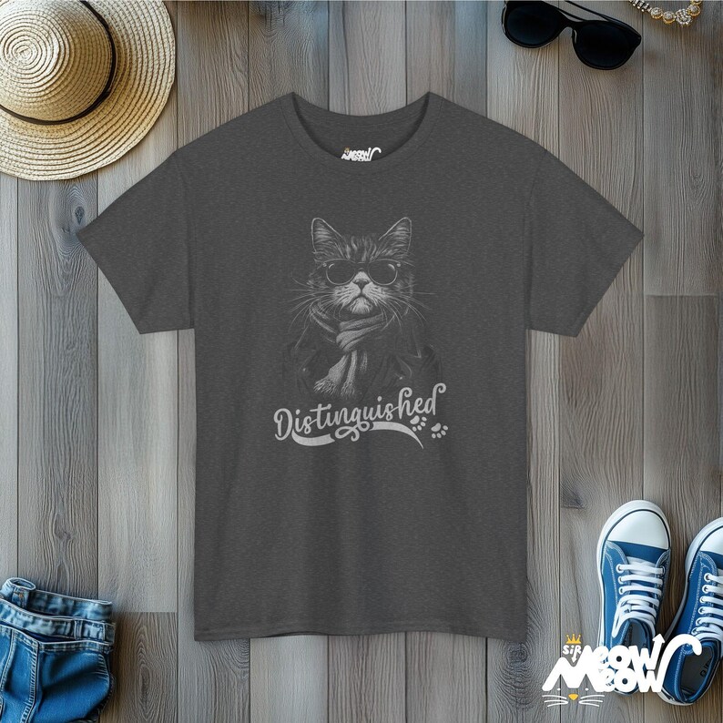 Distinguished Cat T-Shirt: Sunglasses & Scarf, Cat Lover Gift Dark Heather