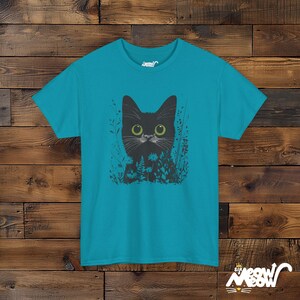 Mystical Black Cat T-Shirt - Enchanting Wildflower Cat Tee - Witchy Nature Lover Gift Tropical Blue