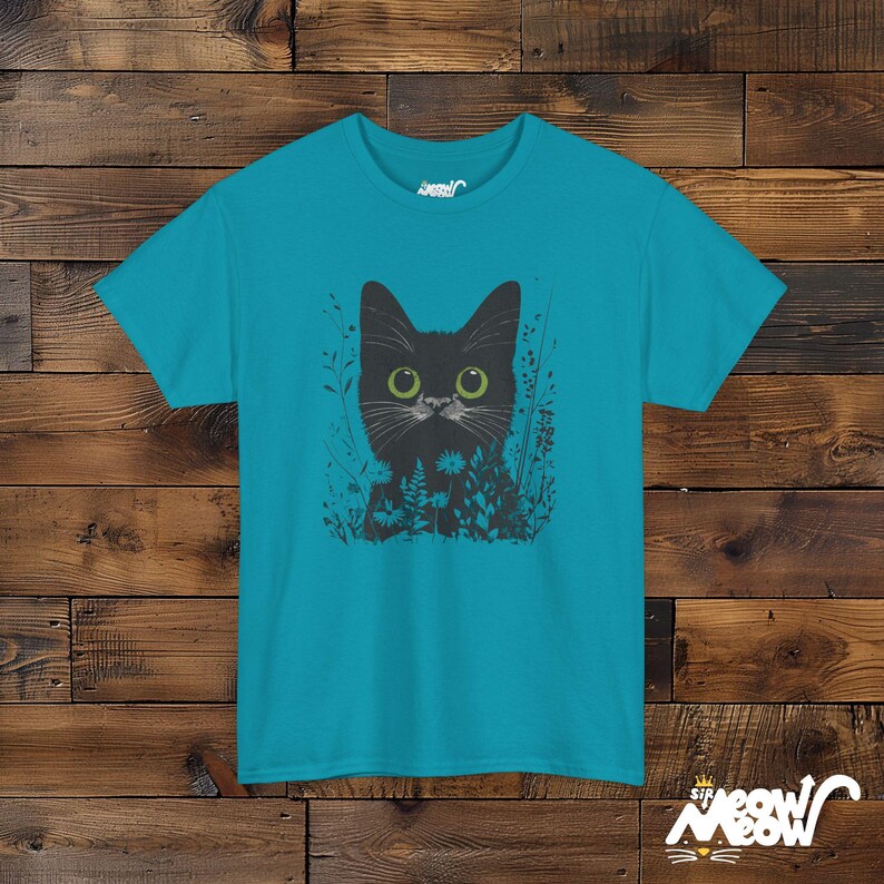 Mystical Black Cat T-Shirt - Enchanting Wildflower Cat Tee - Witchy Nature Lover Gift Tropical Blue