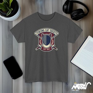 Fencing Cat Society Vintage Style Graphic T-Shirt with Cat Mask and Swords Design Dark Heather