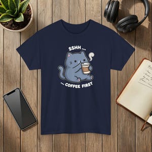 Coffee First Cat T-Shirt: Cartoon Illustration, Coffee Lover Gift Navy