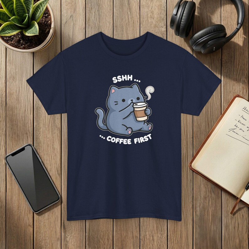Coffee First Cat T-Shirt: Cartoon Illustration, Coffee Lover Gift Navy