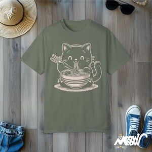 Kawaii Cat Eating Ramen T-Shirt: Comfort Colors Tee, Gift for Cat Lovers Moss