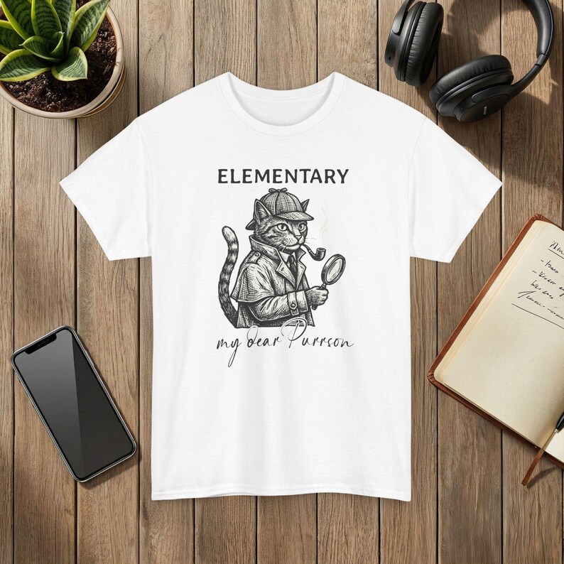 Elementary Cat Detective T-Shirt My Dear Purrson Vintage Style Graphic Tee White