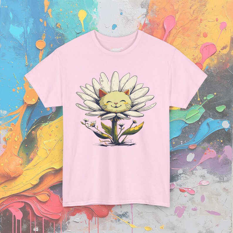 サンシャインデイジーキャットTシャツ：ハッピーネコフラワーTシャツ Light Pink