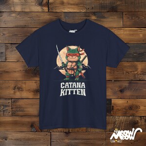 Ninja Cat T-Shirt, Samurai Kitten Graphic, Funny Cat Lover Gift Navy