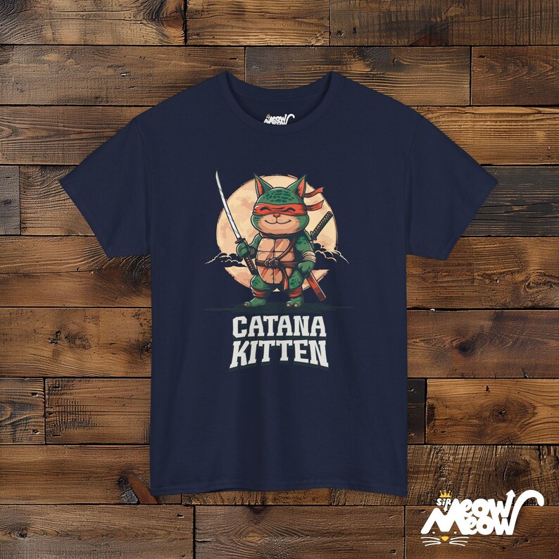 Ninja Cat T-Shirt, Samurai Kitten Graphic, Funny Cat Lover Gift Navy