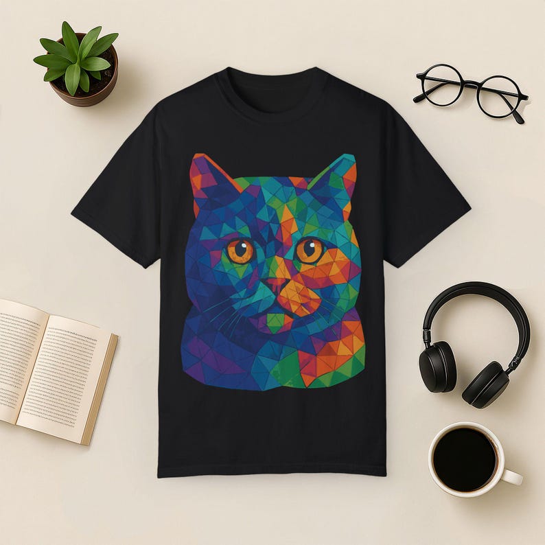 Geometric Cat Shirt: Abstract Rainbow Art Tee image 10