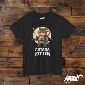 Ninja Cat T-Shirt, Samurai Kitten Graphic, Funny Cat Lover Gift Black