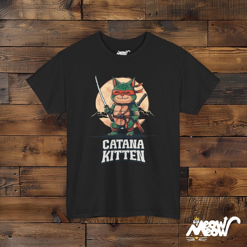 Ninja Cat T-Shirt, Samurai Kitten Graphic, Funny Cat Lover Gift Black