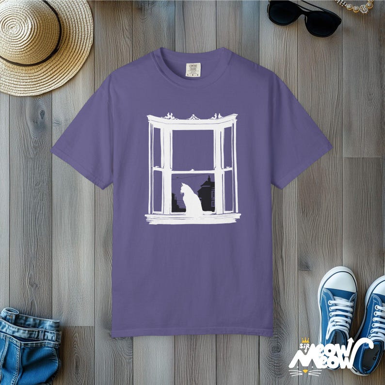 Minimalist Black Cat T-Shirt: Comfort Colors Silhouette Tee Grape