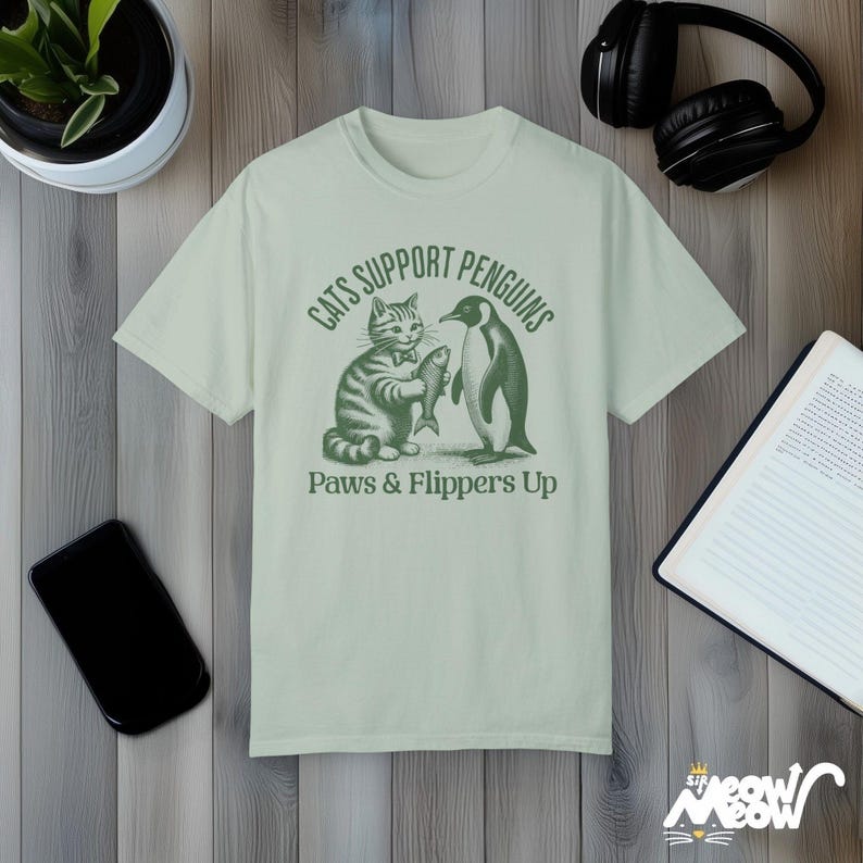 Comfort Colors Cat & Penguin Friendship T-Shirt: Funny Animal Lover Tee Bay