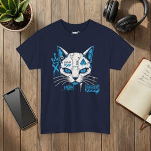 ロボット猫Tシャツ、サイバーパンクグラフィティメカグラフィックTシャツ、ストリートウェア猫好きシャツ 画像 7
