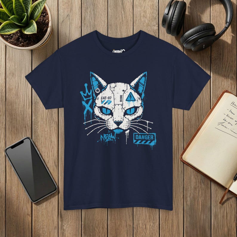 ロボット猫Tシャツ、サイバーパンクグラフィティメカグラフィックTシャツ、ストリートウェア猫好きシャツ 画像 7