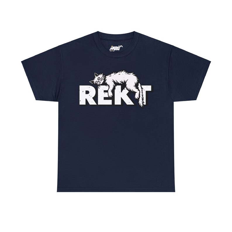 Navy unisex T-shirt featuring humorous white “REKT” text topped with an illustration of an exhausted cat lying sprawled out, capturing gamer and meme culture vibes.
