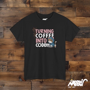 Turning Coffee Into Code Cat Programmer T-Shirt - Funny Gift for Coders and Coffee Lovers Black