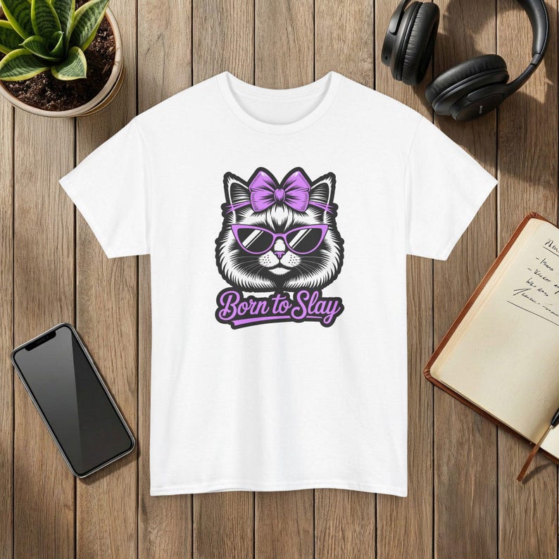Born to Slay Cute Cat Graphic T-Shirt Soft Cotton Unisex Tee White