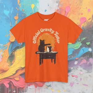 Funny Cat Gravity Tester T-Shirt: Science Humor Gift Orange