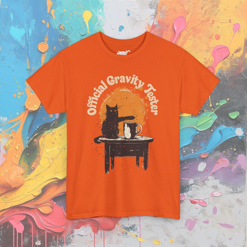 Funny Cat Gravity Tester T-Shirt: Science Humor Gift Orange