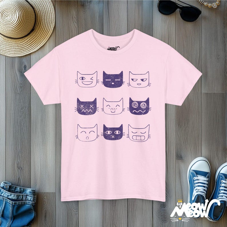 Funny Cat Expressions T-Shirt: Cat Lover Graphic Tee Light Pink