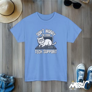 Funny Tech Support Cat T-Shirt: Geek Programmer Gift Carolina Blue