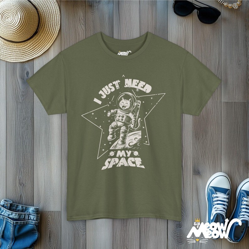 Cat Astronaut T-Shirt: Funny Space Cat Lover Gift Military Green