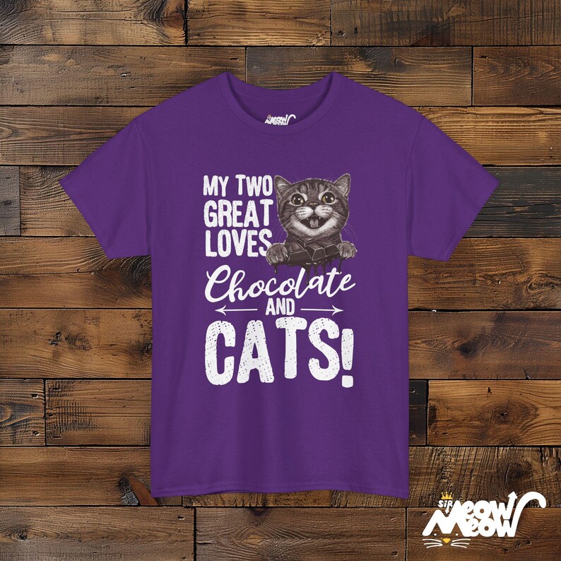 Chocolate and Cats T-Shirt: Playful Graphic Tee, Cat Lover Gift Purple