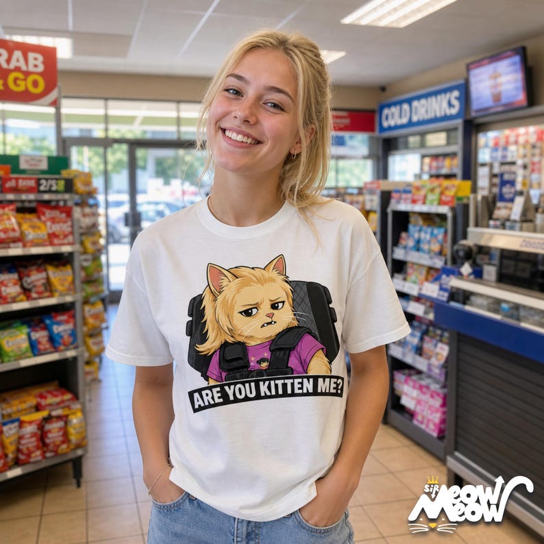 K&ouml;nnte beinhalten: Wei&szlig;es T-Shirt mit einem Cartoon-Katzen-Design, das blondes Haar und einen ernsten Blick hat und eine Weste tr&auml;gt. Der Text "ARE YOU KITTEN ME?" ist darunter gedruckt. Getragen von einer l&auml;chelnden Person in einem Gesch&auml;ft.