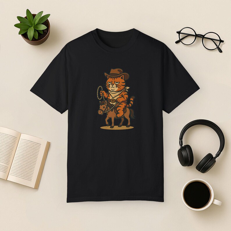 Cowboy Cat Comfort Colors Tee: Funny Rodeo Graphic T-Shirt Black