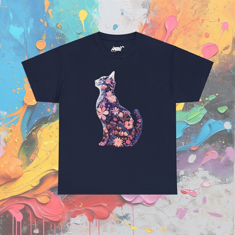 Floral Cat Silhouette T-Shirt: Feminine Cottagecore Graphic Tee Navy