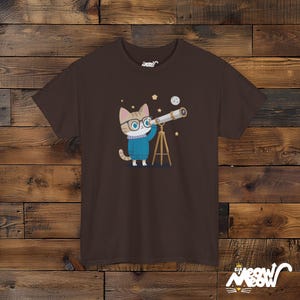 Cat Astronomer T-Shirt – Stargazing Kitty, Science Lover Gift Dark Chocolate