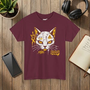 ロボット猫Tシャツ、サイバーパンクグラフィティメカグラフィックTシャツ、ストリートウェア猫好きシャツ 画像 4