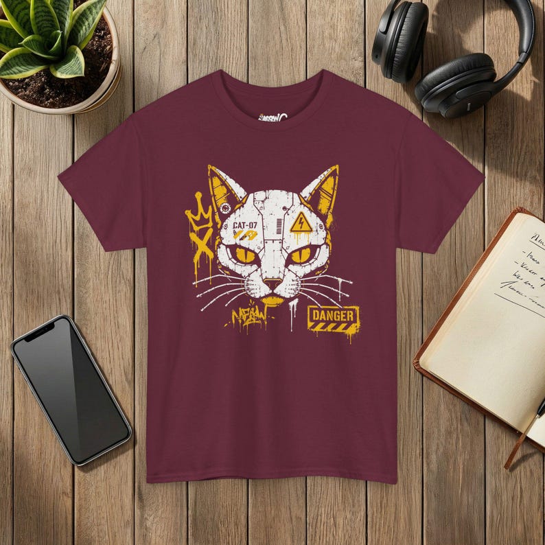 ロボット猫Tシャツ、サイバーパンクグラフィティメカグラフィックTシャツ、ストリートウェア猫好きシャツ 画像 4