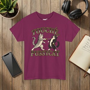 Touché Pussycat Fencing Cat T-Shirt, Funny Fencer Gift, Dueling Cats Graphic Tee, Gildan 5000 Berry
