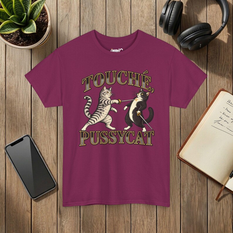 Touché Pussycat Fencing Cat T-Shirt, Funny Fencer Gift, Dueling Cats Graphic Tee, Gildan 5000 Berry