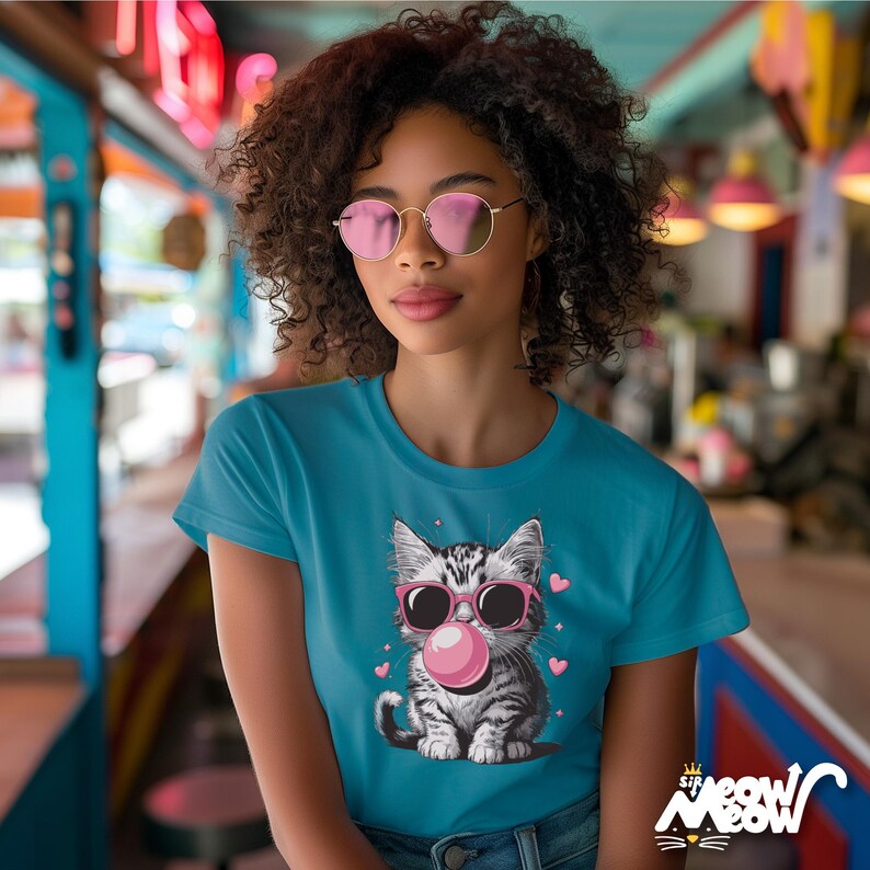 Koszulka z kotem Bubblegum, okulary przeciwsłoneczne vintage, koszulka dla miłośników zwierząt Tropical Blue