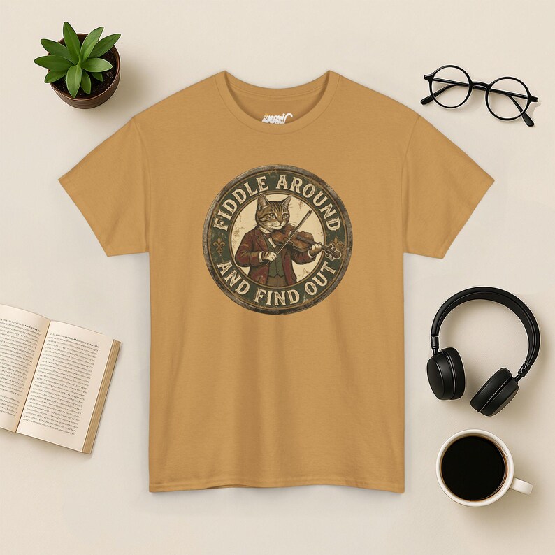 Vintage Fiddle Cat T-Shirt, Funny Violinist Tee Old Gold