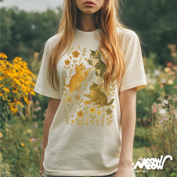 Comfort Colors Kitten T-Shirt: Vintage Floral Cat Tee, Cottagecore Gift