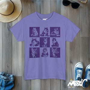 Retro Cat Grid T-Shirt: Vintage Style Graphic Tee Violet