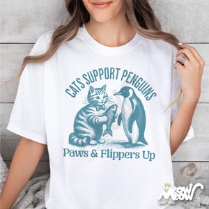 Comfort Colors Cat & Penguin Friendship T-Shirt: Funny Animal Lover Tee
