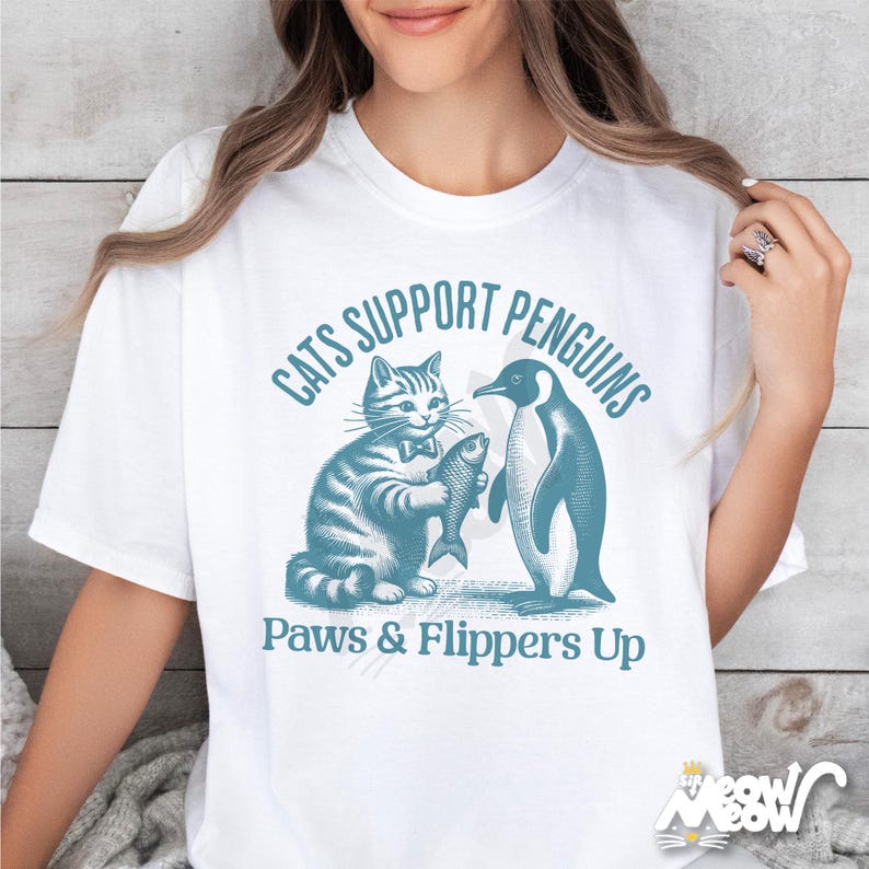 Comfort Colors Cat & Penguin Friendship T-Shirt: Funny Animal Lover Tee image 1