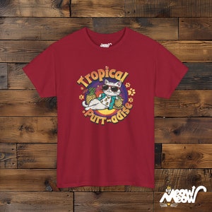 Tropical Cat T-Shirt: Funny Beach Purr-adise Tee Cardinal Red