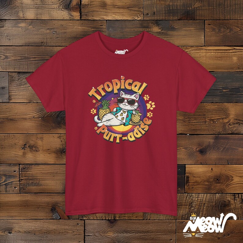 Tropical Cat T-Shirt: Funny Beach Purr-adise Tee Cardinal Red