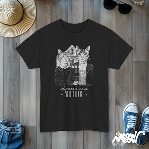 Ameowican Gothic Cat T-Shirt: Funny Art Parody Tee Black