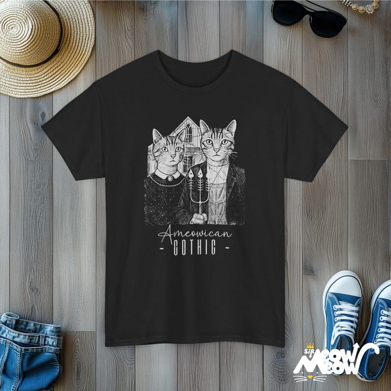 Ameowican Gothic Cat T-Shirt: Funny Art Parody Tee Black