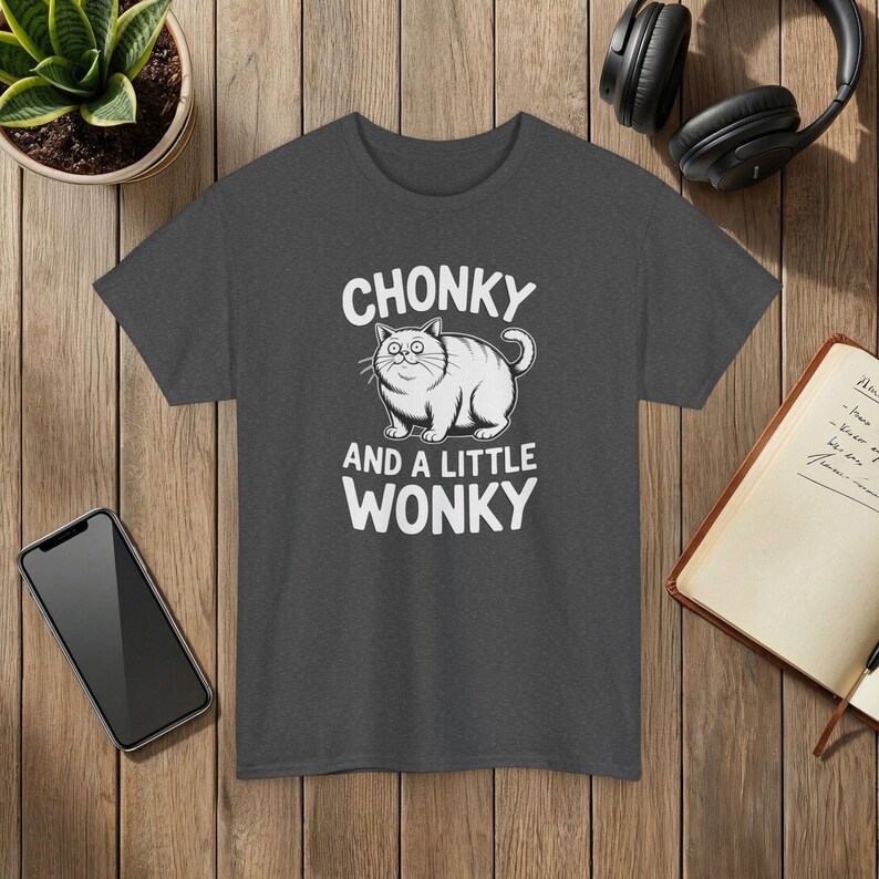 Funny Cat T-Shirt: Chonky, Wonky-Eyed Graphic Tee Dark Heather