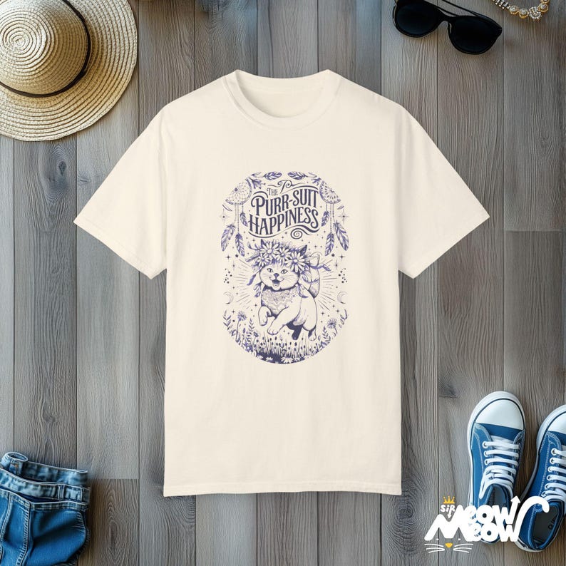 Camiseta de gato floral: ronroneo de felicidad y vibraciones positivas Ivory