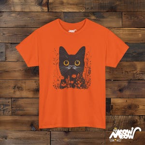 Mystical Black Cat T-Shirt - Enchanting Wildflower Cat Tee - Witchy Nature Lover Gift Orange