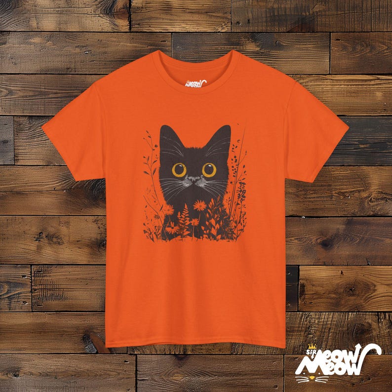 Mystical Black Cat T-Shirt - Enchanting Wildflower Cat Tee - Witchy Nature Lover Gift Orange